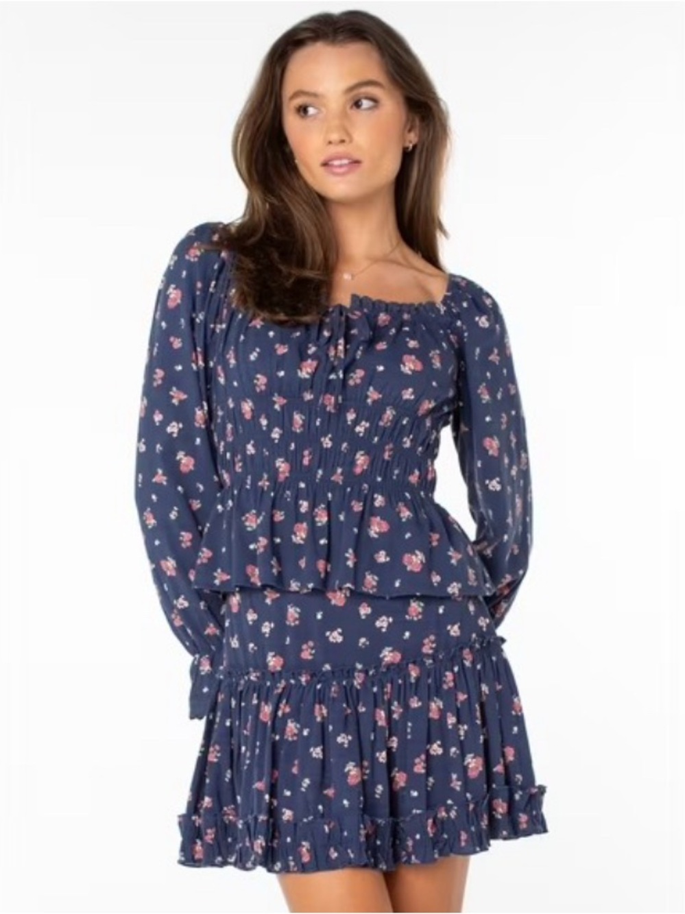 Floral Smocked Peasant Dress - Navy